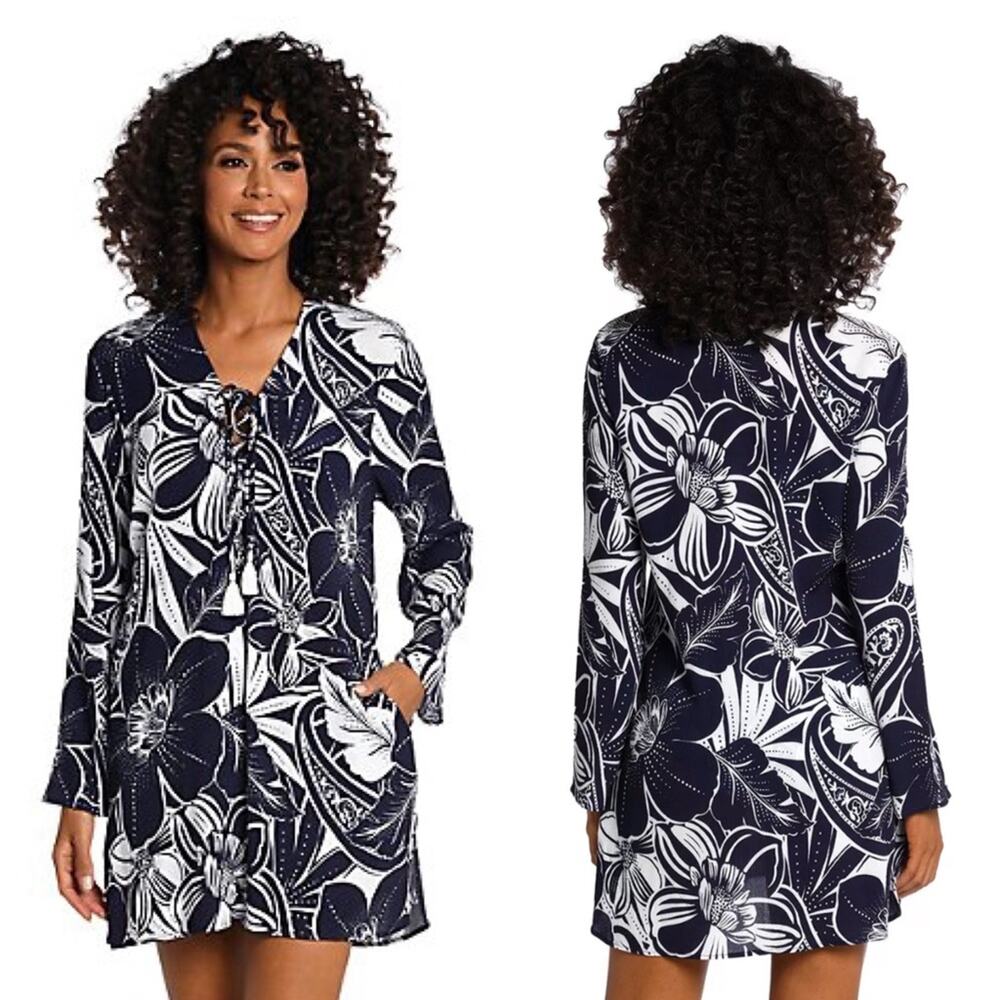 La Blanca At The Playa Navy White Lace Up Tassel Swimsuit Tunic Coverup